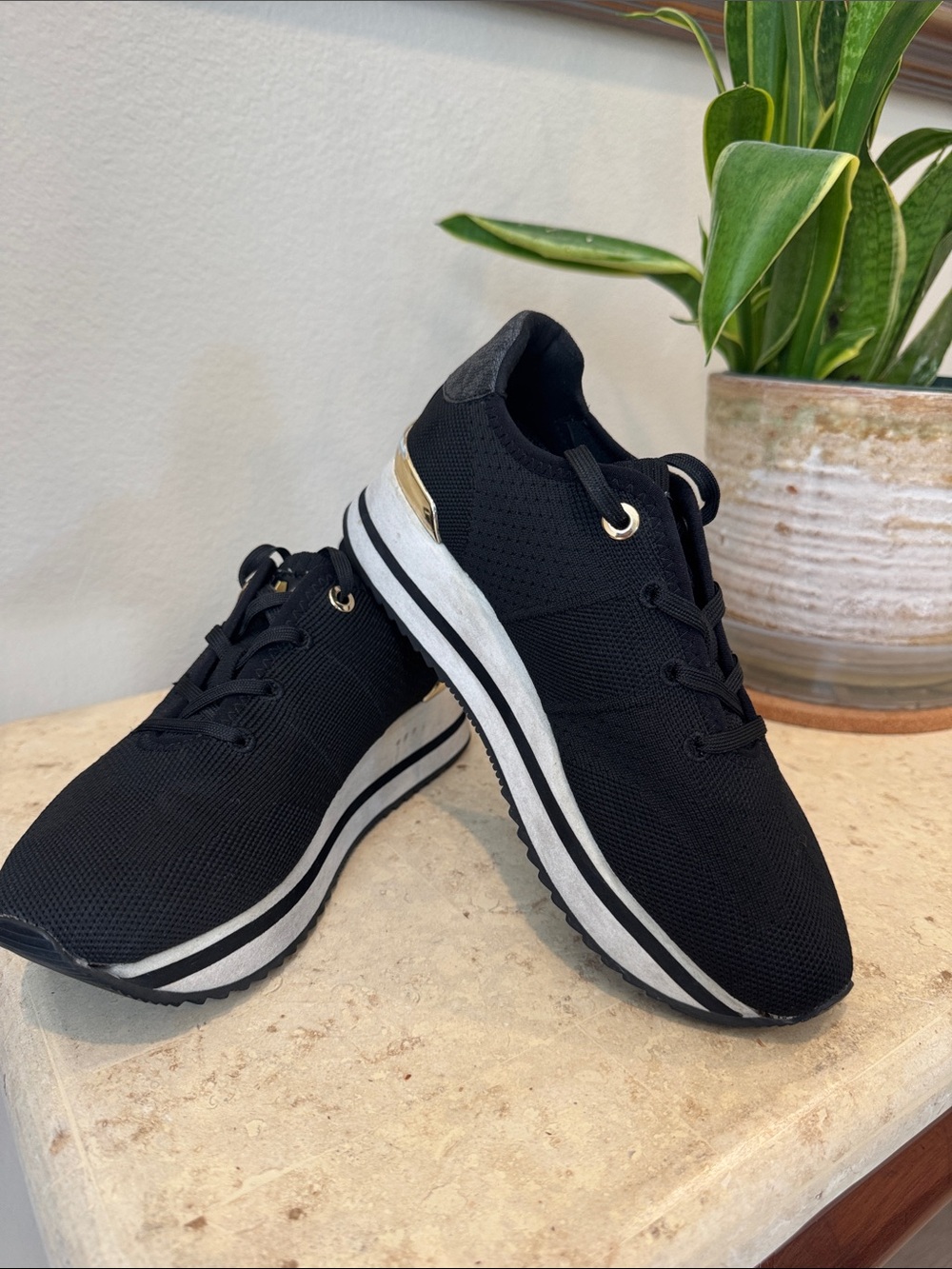 Michael Kors Black Knit Platform Sneakers with Gold Trim